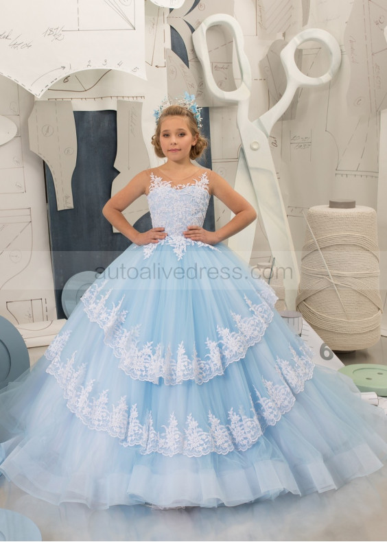 Ivory Lace Blue Tulle Tiered Flower Girl Dress